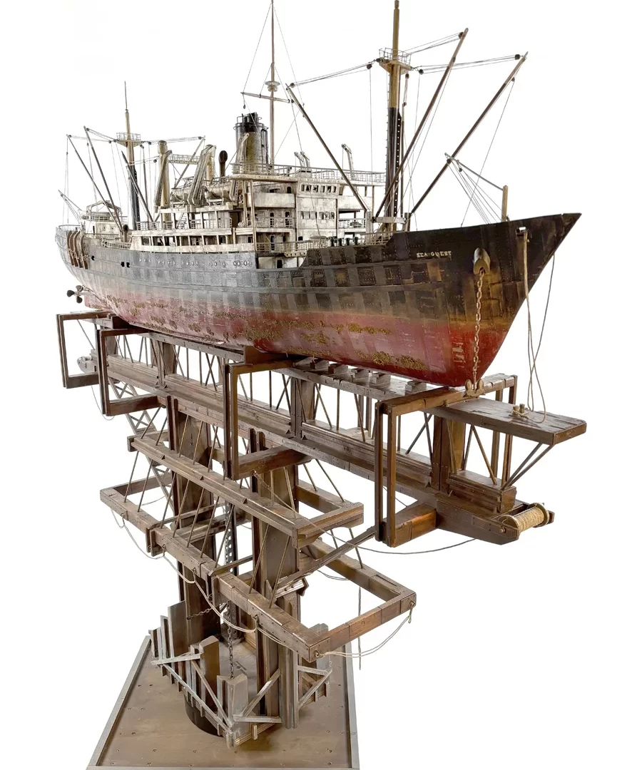 GHOST Cargo Ship — A powerful and hauntingly beautiful handcrafted sculpture of a cargo ship, symbolizing the mystery and power of the sea