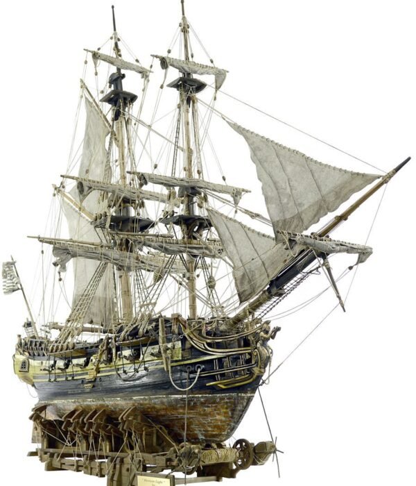 Artistic representation of the 'Horison Light,' an expedition ship sculpture, intricately crafted with detailed features showcasing its design and craftsmanship in folk art style.