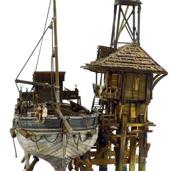 Memory_Love Story — A beautifully handcrafted sculpture of a fishing boat, featuring a boy and girl, capturing the essence of love and connection on the water.