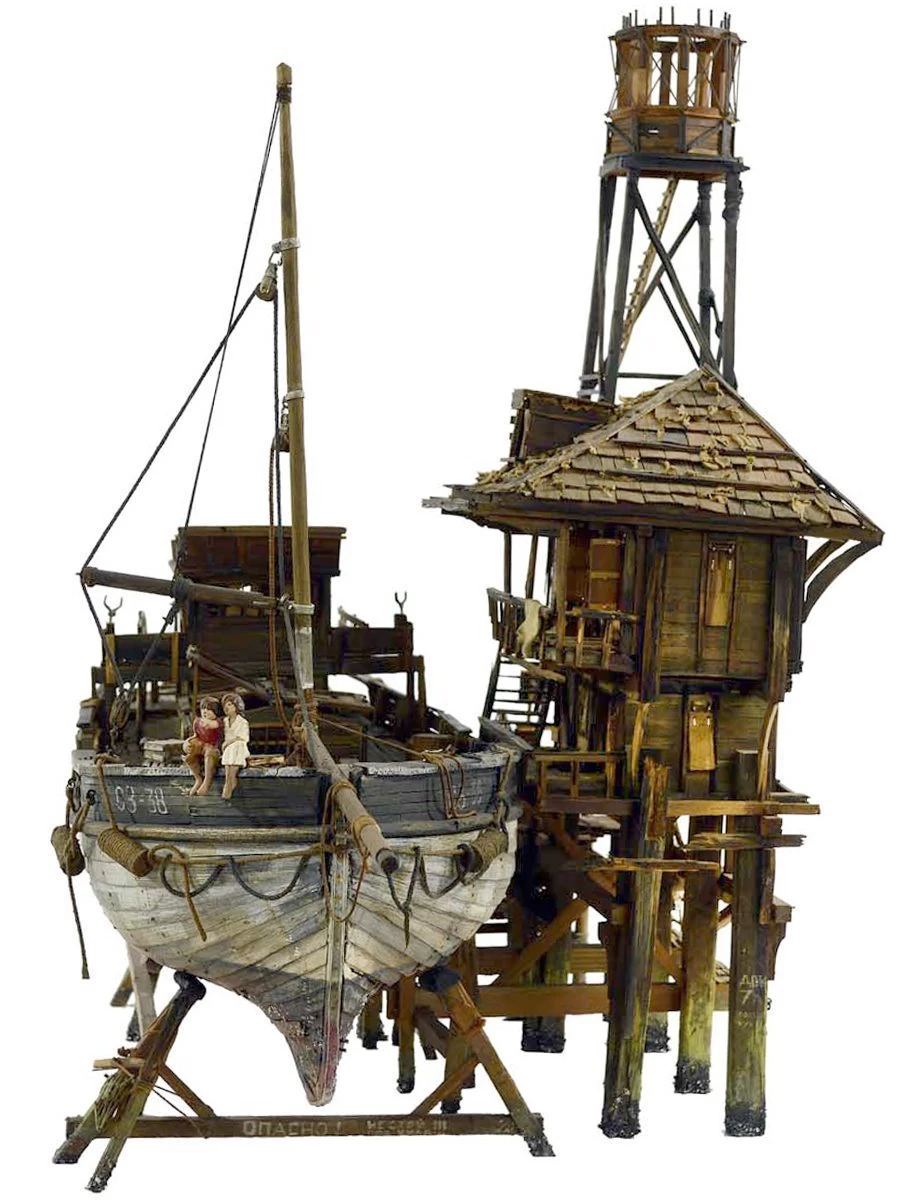 Memory_Love Story — A beautifully handcrafted sculpture of a fishing boat, featuring a boy and girl, capturing the essence of love and connection on the water.