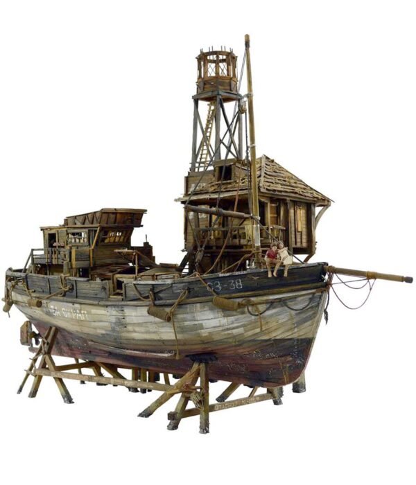 Artistic sculpture of a fishing boat with two figures, a boy and a girl, symbolizing love and companionship on the water, intricately crafted in folk art style.