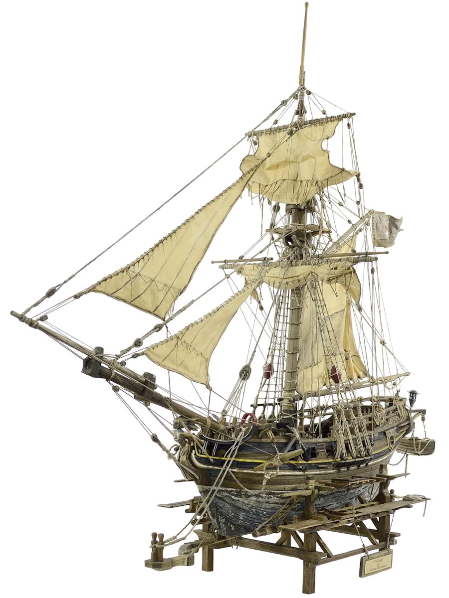 onceptual sculpture of the 'Grand Sloop of War,' a pirate vessel, intricately designed with detailed rigging and a powerful presence, inspired by the adventurous pirate lore
