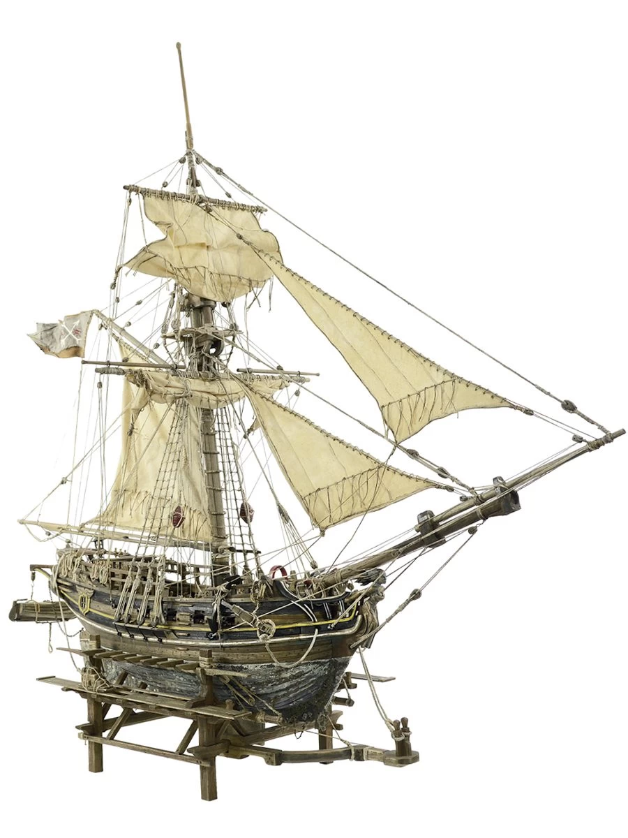 Conceptual sculpture of the 'Grand Sloop of War,' a pirate vessel, intricately designed with detailed rigging and a powerful presence, inspired by the adventurous pirate lore.