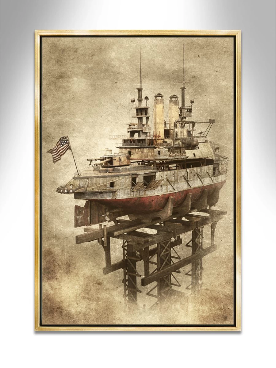 Raiser Dry Dock Mist – A captivating, limited-edition nautical art canvas print capturing the mystique of a dry dock in the mist, signed by the artist.