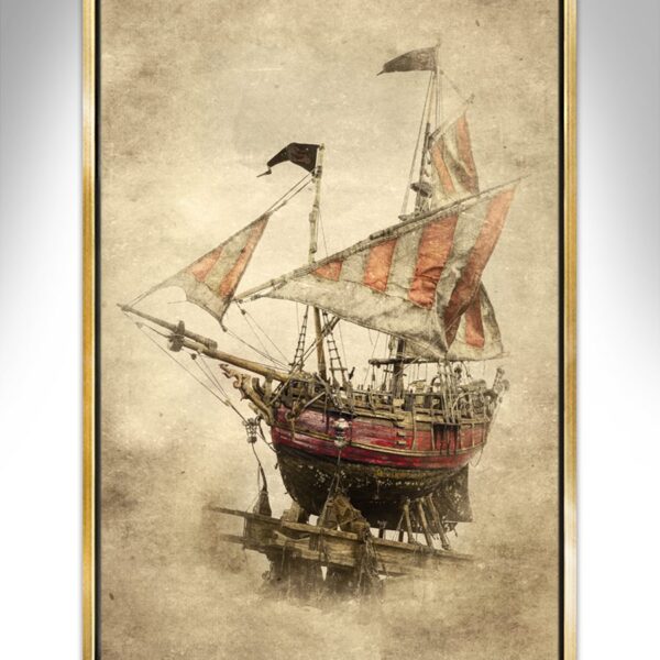 Red Fox Dry Dock Mist – A captivating, limited-edition nautical art canvas print depicting a dry dock in mist, signed by the artist.